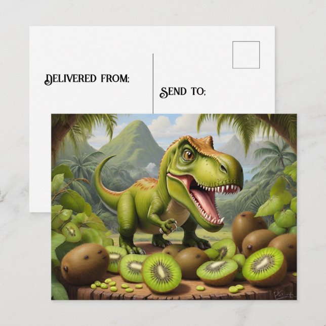 Cartão Postal T-Rex com fruta de kiwi (Frente/Verso)