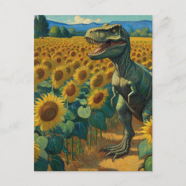 Cartão Postal T-Rex Dino no Campo de Girassol Van Gogh (Frente)