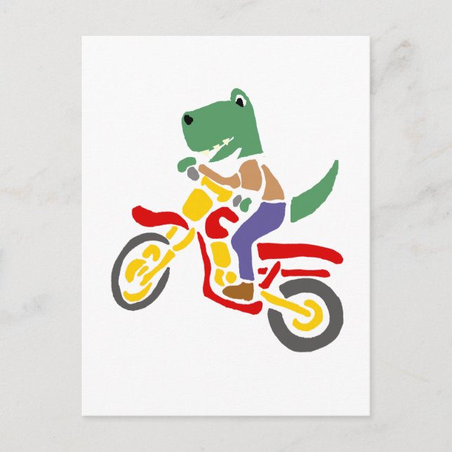 Cartão Postal T-rex Dinossauro Engraçado Pilotando Moto de Trilh (Frente)