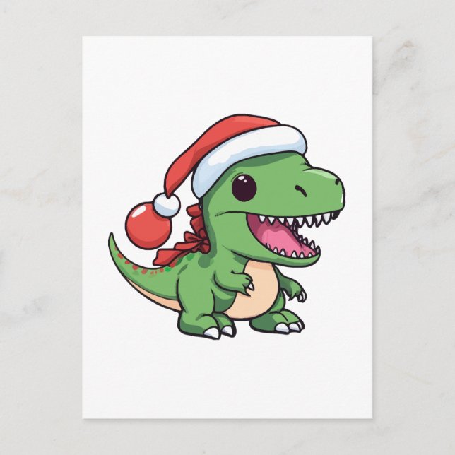 Cartão Postal T-Rex Dinossauro Kawaii em Chapéu de Natal (Frente)