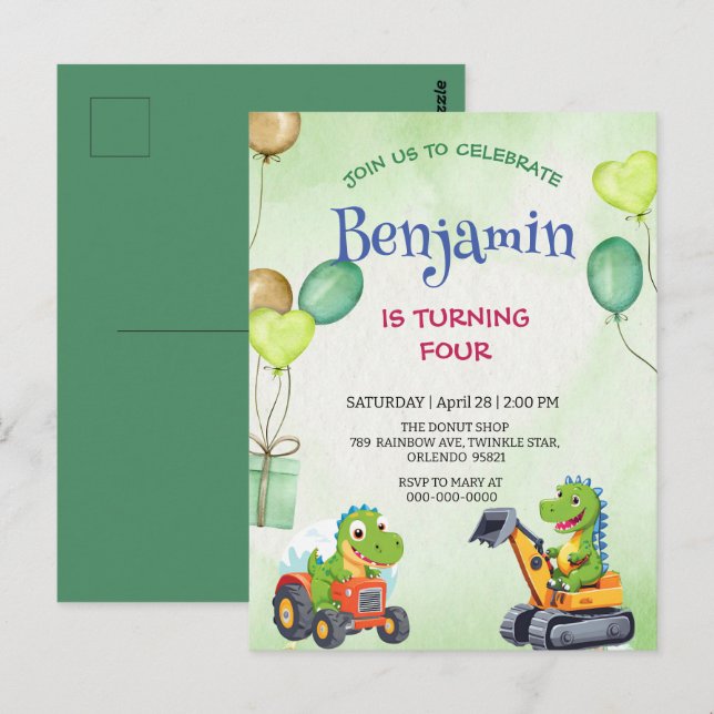 Cartão Postal T-Rex dinossauro trator caminhão aniversário engra (Frente/Verso)