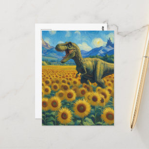 Cartão Postal T-Rex em um Campo de Girassol