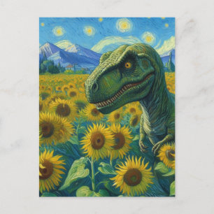 Cartão Postal T-Rex no campo de girassol Van Gogh