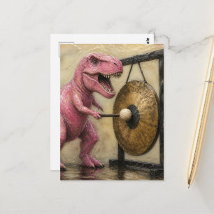 Cartão Postal T-Rex Rosa bate um Gong