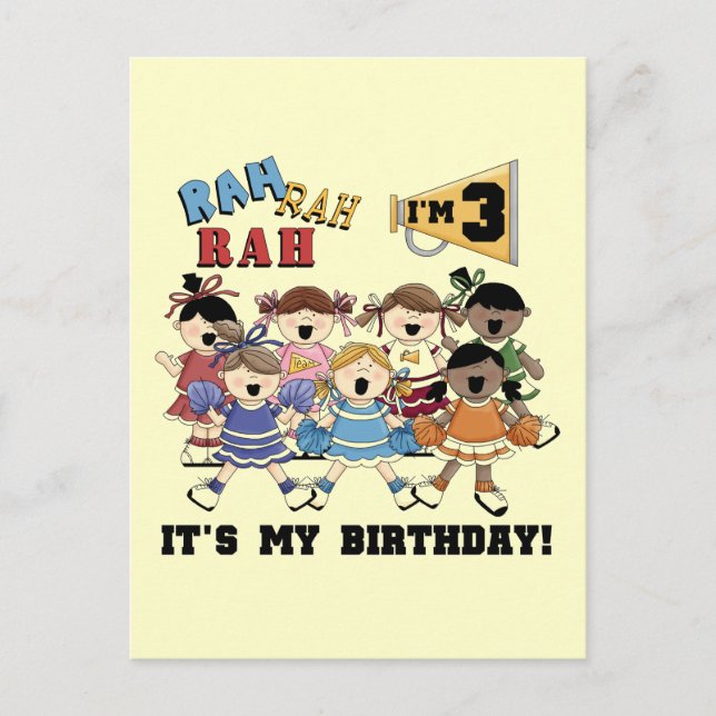 Cartão Postal T-shirts e cheerleader de aniversário de 3 anos (Frente)