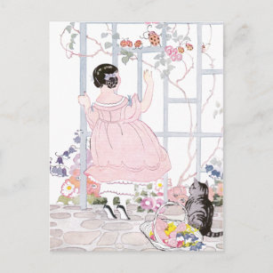 Cartão Postal Tabby Cat e Girl de Trellis com Flor de Vinho