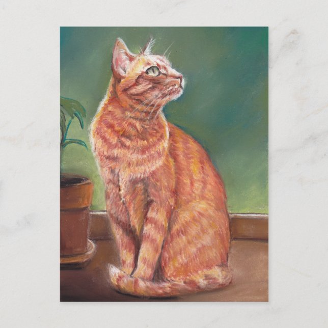Cartão Postal Tabby Gato Amarelo Pastel Art (Frente)