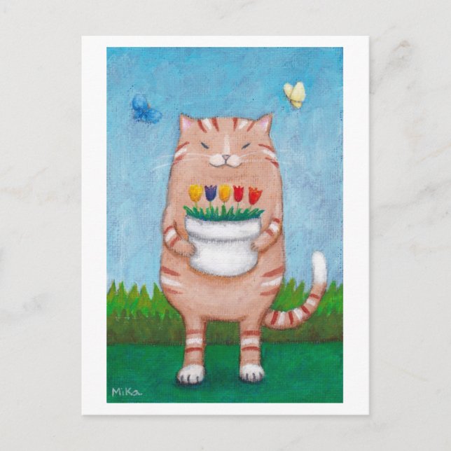 Cartão Postal Tabby Laranja Gato com Borboletas Postcard (Frente)