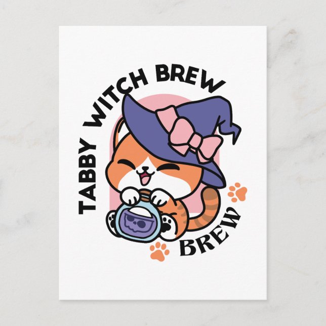 Cartão Postal Tabby Witch Brew – Design de Gato Fofo de Hallowee (Frente)