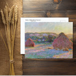 Cartão Postal Tabelas de Trigo — Cartão-postal Claude Monet<br><div class="desc">Cartaz de arte fino com a pintura impressionista Stacks of Wheat (Final do Verão) 1890-1891,  por Claude Monet (1840-1926). O trigo empilha num campo de fazenda com sombras de projeção solar no campo.</div>