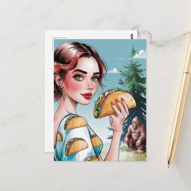 Cartão Postal Tacos na Floresta com Sad Sasquatch (Frente/Verso In Situ)