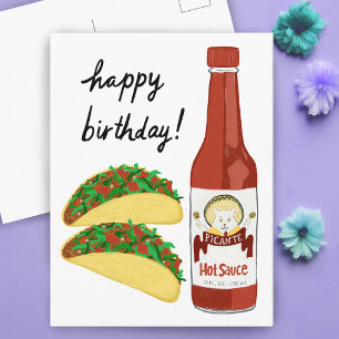 Cartão Postal TACOS Spicy Hot Sauce Cat Maracas FELIZ ANIVERSÁRI