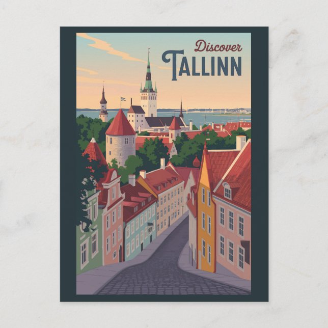 Cartão Postal Tallinn Estônia Ilustração Viagem Art Vintage (Frente)