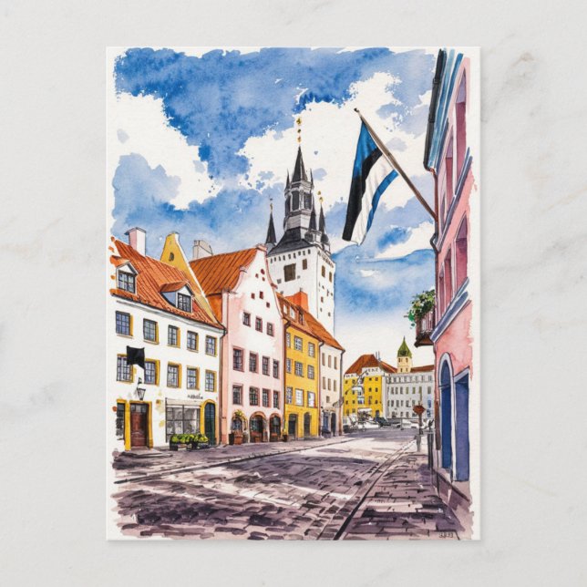 Cartão Postal Tallinn Estônia Street Watercolor Painting (Frente)