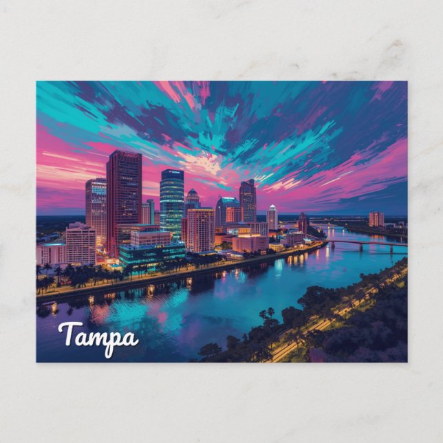 Cartão Postal Tampa Florida Skyline Night Art (Frente)