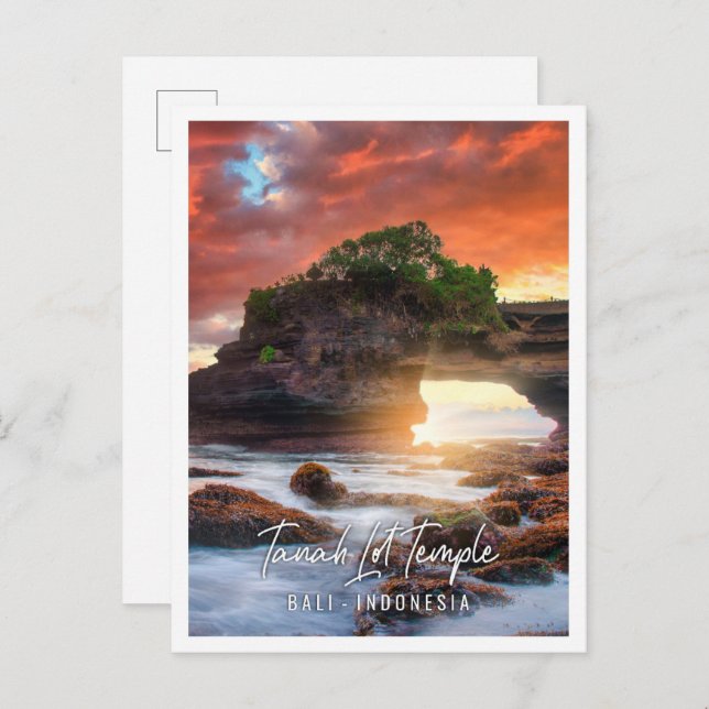 Cartão Postal Tanah Lot Temple ao pôr do sol em Bali, Indonésia (Frente/Verso)