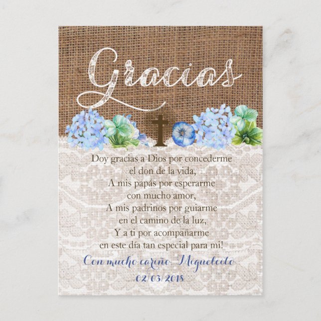 Cartão Postal Tarjeta de gracias con oración para Bautizo (Frente)