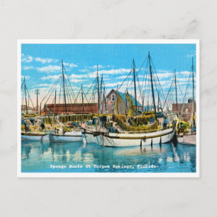 Cartão Postal Tarpon Primaveras, Flórida Esponge Boats Vintage