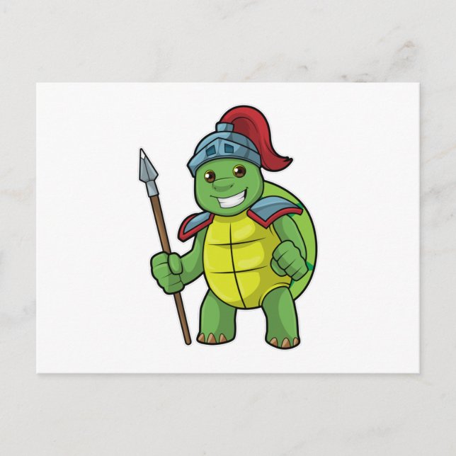 Cartão Postal Tartaruga como Guerreiro com Lança & Capacete (Frente)