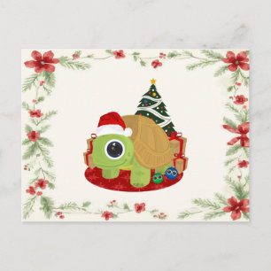 Cartão Postal Tartaruga de Natal Adorável com Azevinho e Visguei