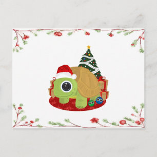 Cartão Postal Tartaruga de Natal Adorável com Azevinho Festivo