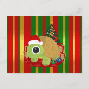 Cartão Postal Tartaruga de Natal Fofa Clássico Vermelho Verde Do