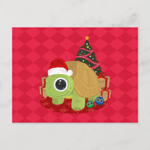 Cartão Postal Tartaruga de Natal Fofo em Diamante Vermelho Festi