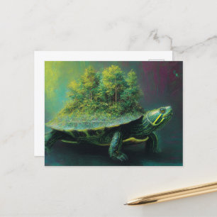 Cartão Postal Tartaruga-de-Orelha Vermelha com Floresta-Árvore e