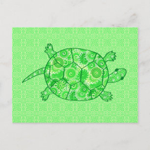 Cartão Postal Tartaruga-espiral fractal - limão e esmeralda verd