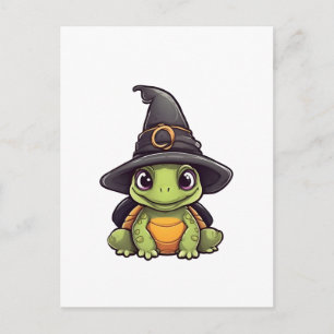 Cartão Postal Tartaruga fofa de Halloween com um chapéu de bruxa