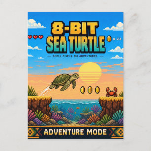 Cartão Postal Tartaruga Marinha, Arte Pixel Retro de 8 Bits