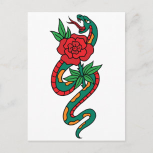 Cartão Postal Tatuagem de Cobra Enrolada em uma Rosa Vermelha