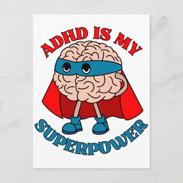 Cartão Postal TDAH É Meu Superpoder - Cérebro Vestindo Uma Capa (Frente)