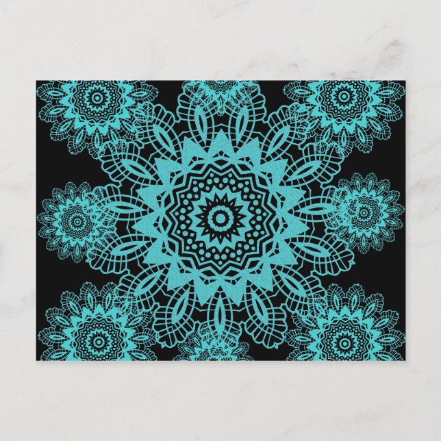 Cartão Postal Teal Blue e Black Lace Snowflake Mandala (Frente)