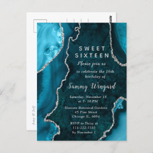 Cartão Postal Teal Blue e Silver Agate Marble Sweet 16