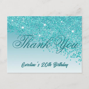 Cartão Postal Teal Blue Glitter, 20 Aniversário Obrigado