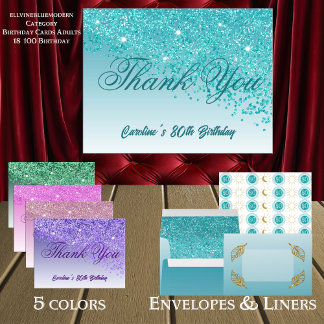 Cartão Postal Teal Blue Glitter, 80 Aniversário Obrigado