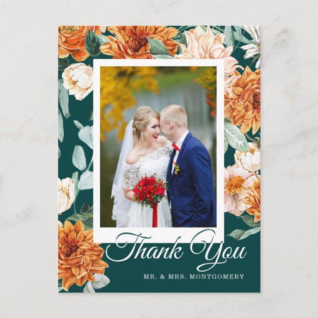 Cartão Postal Teal Burnt Orange Floral Autumn Casamento Obrigado (Frente)