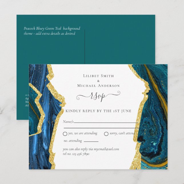 Cartão Postal Teal Dourado AGATE Wedding (Frente/Verso)