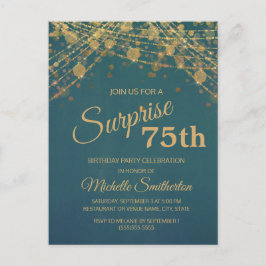 Cartão Postal Teal Dourado String Lights Surpresa 75th Aniversár