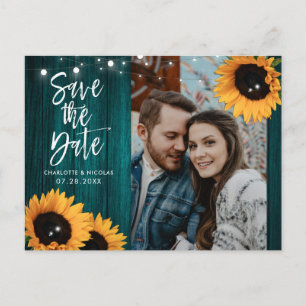 Cartão Postal Teal Sunflower Weding Save The Date Photo
