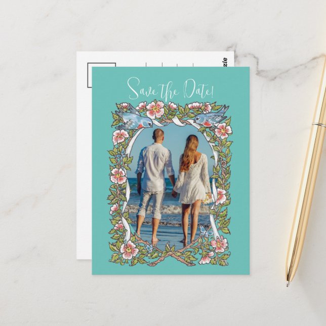 Cartão Postal Teal Wildflower Bird Border Salvar a data Foto (Frente/Verso In Situ)