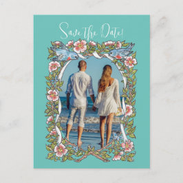Cartão Postal Teal Wildflower Bird Border Salvar a data Foto