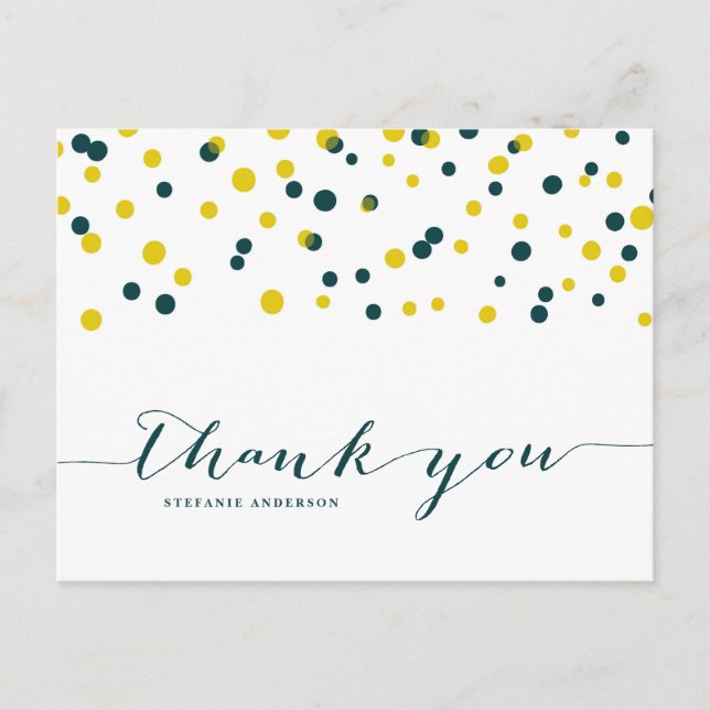 Cartão Postal Teal & Yellow Confetti Dots Modern Obrigado (Frente)
