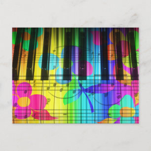 Cartão Postal Teclado e Flores para Piano Elétrico Psicodélico