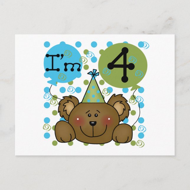 Cartão Postal Teddy Bear 4th Birthday T-shirts e presentes (Frente)