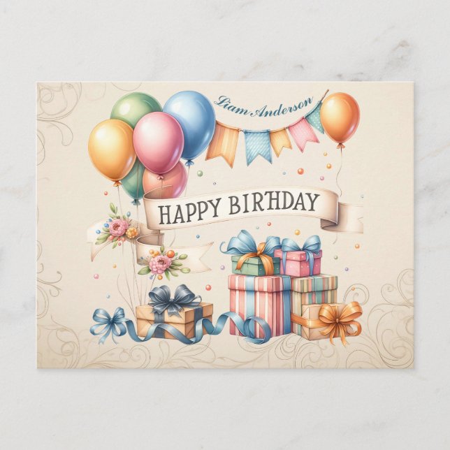 Cartão Postal Teddy Bear Balões Crianças Foto Aniversário (Frente)