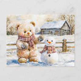Cartão Postal Teddy Bear Building a Snowman