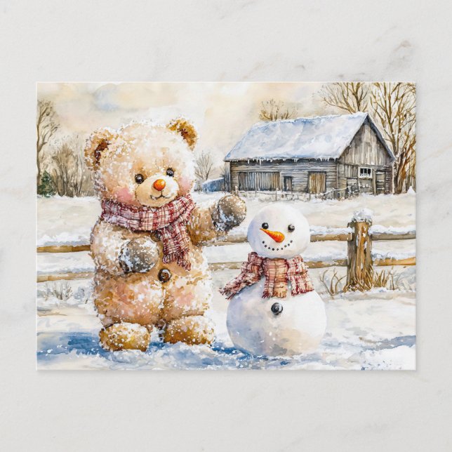 Cartão Postal Teddy Bear Building a Snowman (Frente)