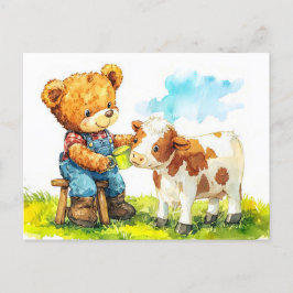 Cartão Postal Teddy Bear Feeding a Calf